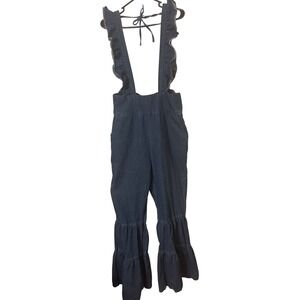 Shein Denim Overalls‎ Womens Large Blue Ruffle Bell Bottoms Jumpsuit Cute